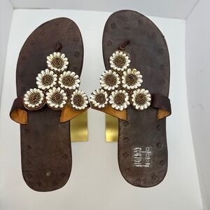 Handmade in Kenya Womens Leather Shell Beaded Floral Thong Sandals Brown Flat